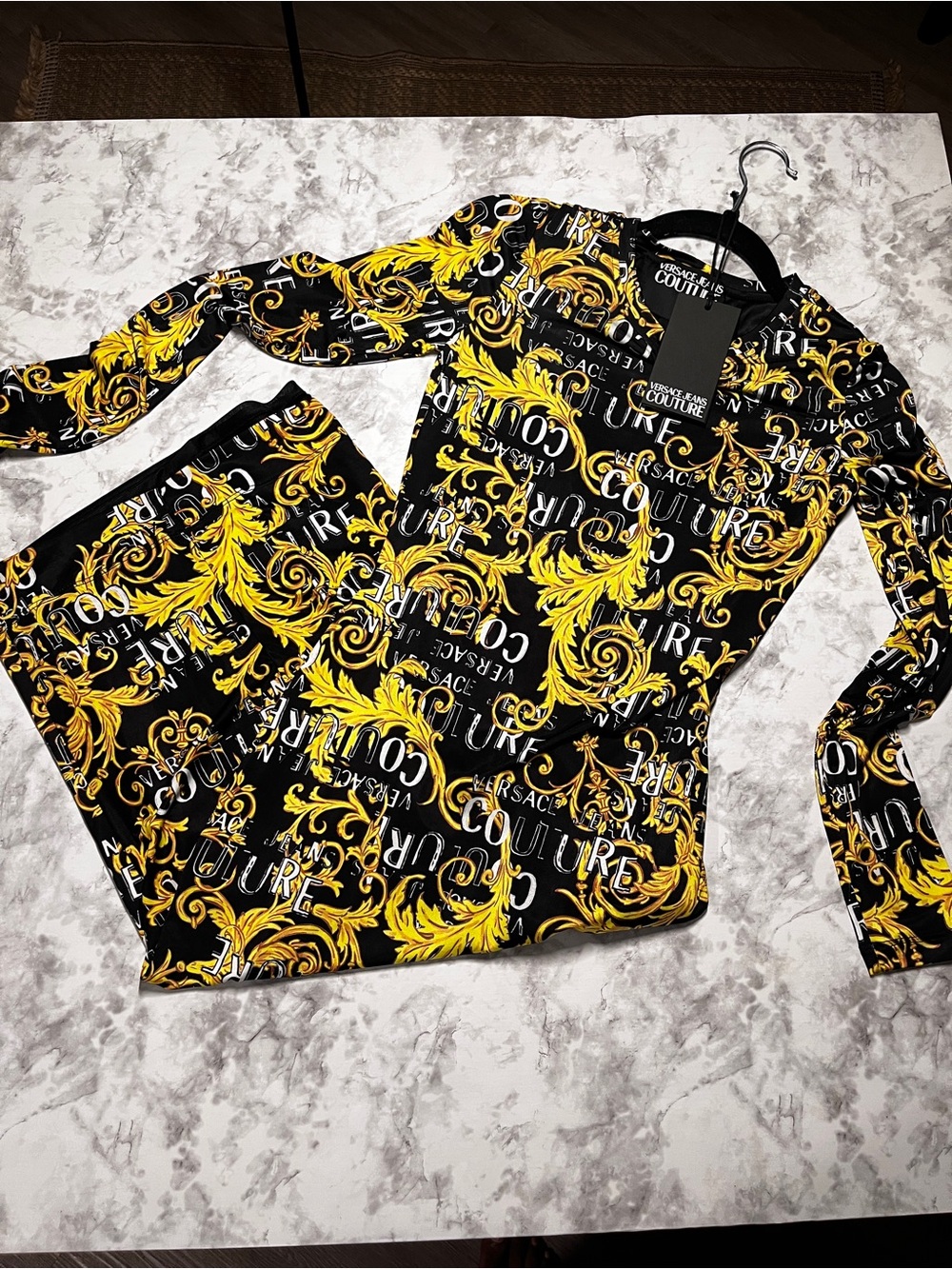 Versace Jeans Collection Black and Gold Baroque-Print Long Sleeve Dress